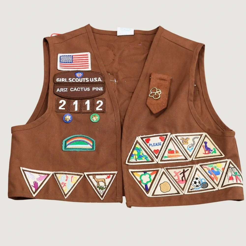 Girl Scouts Brownie Vest Kids Small Brown Arizona Cactus Pine Patches 2112 2000s